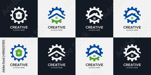 Industrial Home Service and Real Estate Logo Bundle, House and Gear Integration Icons for Construction, Engineering, Property Maintenance, and Smart Repair Branding