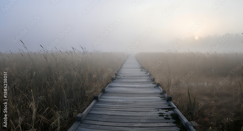 Fototapeta premium Misty Wooden Boardwalk Path Through Foggy Reeds at Sunrise.