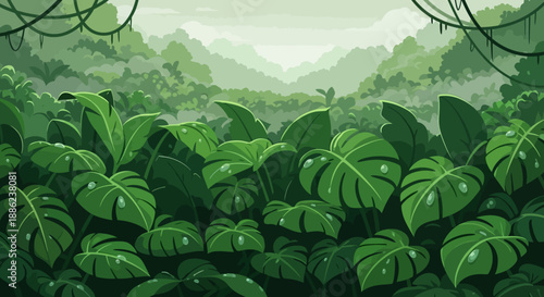 Exploring Verdant Leaves, Lush Foliage, and Majestic Mountains in a Symmetrical Landscape Illustration