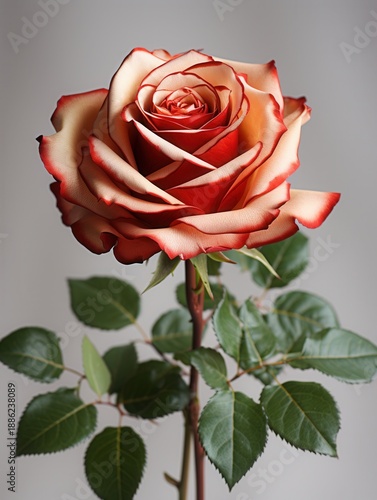 Wallpaper Mural Close up of a lush red and white rose with green leaves on a stem. Nature beauty for elegant floristry, greeting card, wedding invitation. Torontodigital.ca