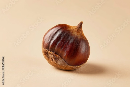 Wallpaper Mural Single shiny brown chestnut on beige background. Autumn season harvest and food ingredient. Simple healthy snack or seasonal fruit concept. Torontodigital.ca