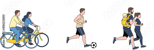 Outdoor sports and fitness illustration set with cycling, running, soccer training and family jogging activities in flat vector style