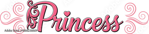 Princess decorative typography logo with elegant pink script lettering and ornamental swirls for feminine branding vector design
