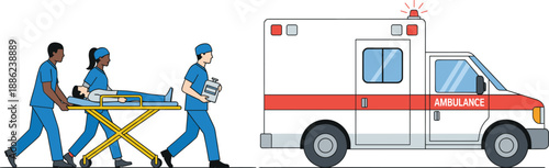 Emergency medical team transporting patient to ambulance with stretcher for hospital rescue and healthcare vector illustration
