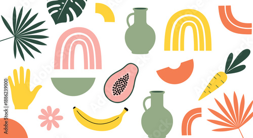 Boho abstract seamless pattern with rainbows, leaves, fruit and decorative shapes in modern earthy flat vector style