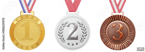 Set of 1st, 2nd, and 3rd place medals isoled on white background. Gold, silver, and bronze medals. 3D vector illustration.