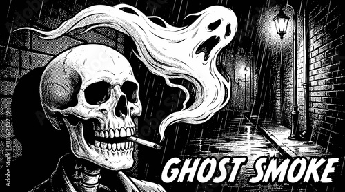 Skeleton with ghost smoke illustration on rainy street graphic design