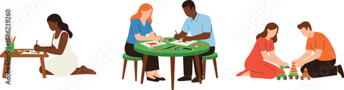 Family and children playing games and drawing together at home for bonding, learning and creative leisure flat vector illustration