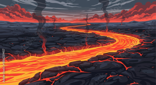 Raging lava river carving charred earth beneath smoky mountain peaks under a crimson sky – cartoon illustration