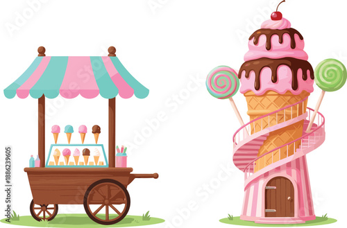 Cute ice cream shop illustration set with street cart and fantasy cone building for dessert business and whimsical vector design