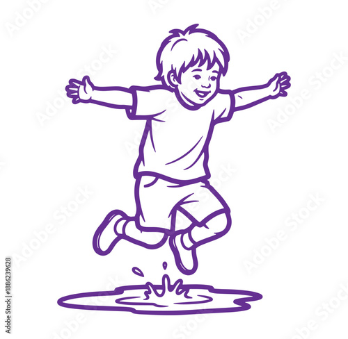Happy child jumping and splashing in a puddle with joyful expression and energy