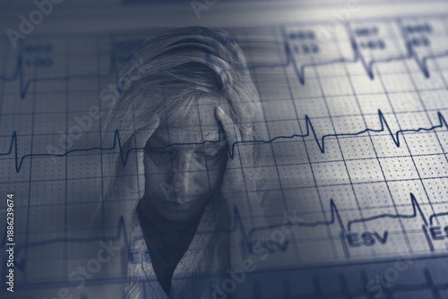 Tableau sur toile Worried adult woman face over damaged electrocardiogram showing cardiac distress
