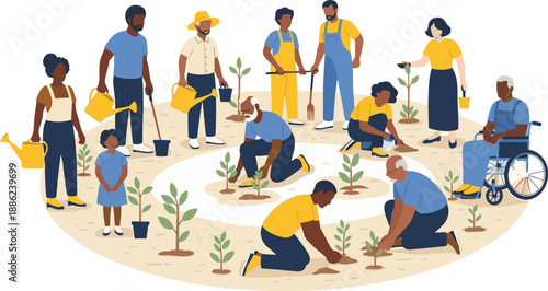 Community gardening teamwork illustration with diverse volunteers planting trees together for environmental sustainability and social cooperation vector design