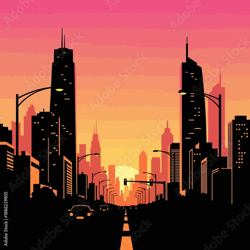 Vibrant Skyline Silhouette Over Urban Road from Street-Level View
