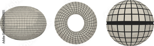 Abstract, geometric, 3D, shapes, sphere, torus, grid, wireframe, minimal, modern, design, elements, isolated, white, background, futuristic, art, illustration, render, concept