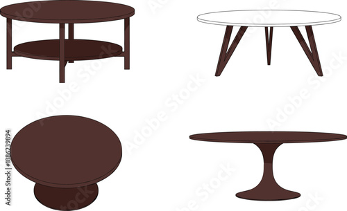 Modern coffee table furniture illustration set with round wooden designs and mid century style interior vector concepts