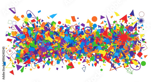 Energetic white explosion of colorful shapes and colors radiating from the center – dynamic illustration view