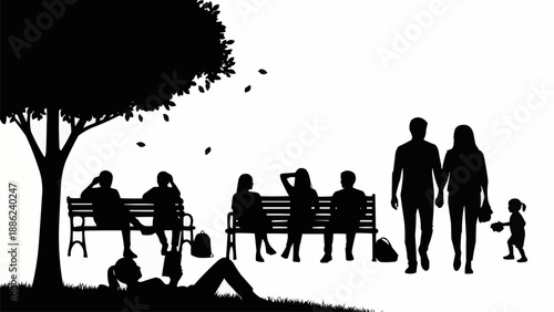 Silhouettes of people enjoying a park on a sunny day.