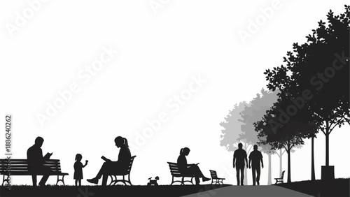 Silhouettes of people enjoying a park on a sunny day.