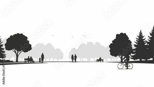 Silhouettes of people enjoying a park on a sunny day.