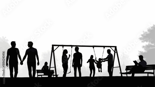 Silhouettes of people enjoying a park with swings and a bench.