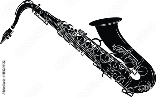 Classical saxophone silhouette musical instrument vector illustration isolated on white for jazz blues and orchestra design elements.