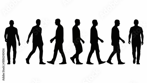 Silhouettes of men walking in sequence on a white background.