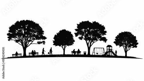 Silhouettes of people enjoying a park with trees and playground.