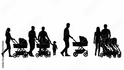 Silhouettes of parents with baby strollers and children walking.