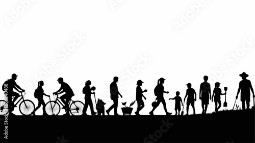 Silhouettes of people and animals representing human evolution and progress.