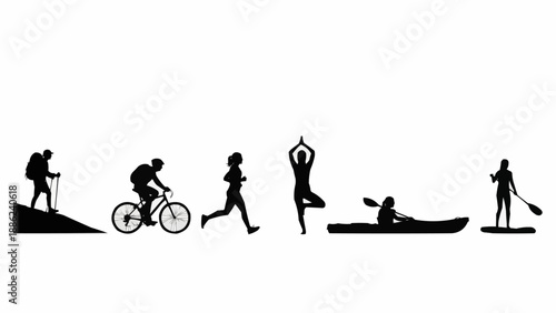 Silhouettes of people engaged in various outdoor sports and activities.