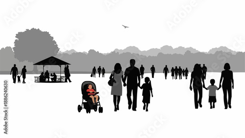 Silhouettes of people enjoying a day at the park with a stroller and picnic shelter.