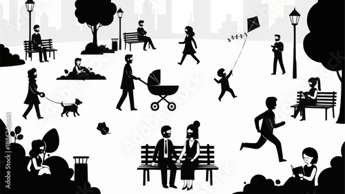 Silhouettes of people enjoying a day in a park setting.