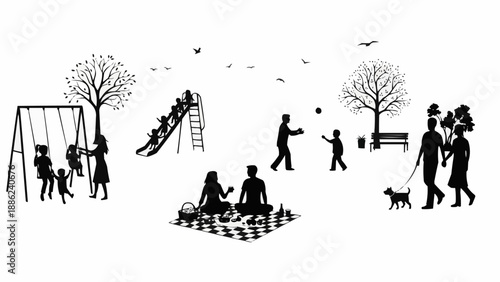 Silhouettes of people enjoying a day at the park.