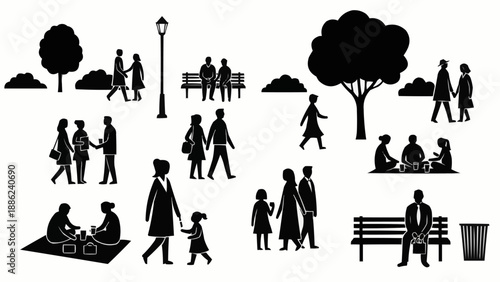 Silhouettes of people enjoying a park on a sunny day.