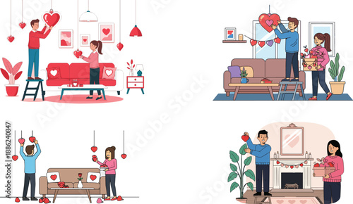 Couple decorating living room with heart ornaments for Valentine’s Day, flat solid color vector.