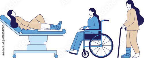 Patient care and rehabilitation illustration set with hospital bed, wheelchair mobility and elderly walking support in flat vector style