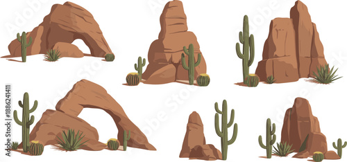 Desert rock formations with cactus plants arid landscape illustration set isolated natural sandstone cliffs scenery for games design