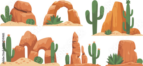 Desert rock formations with cactus plants arid landscape illustration set isolated natural sandstone cliffs scenery for games design