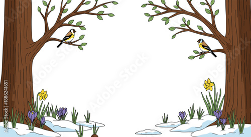 Spring forest frame illustration with trees, birds, melting snow and blooming flowers for seasonal nature vector background design