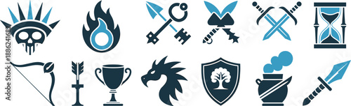 Fantasy icon set featuring swords shields dragons magic symbols flat vector design for games branding apps logos illustrations medieval mythology