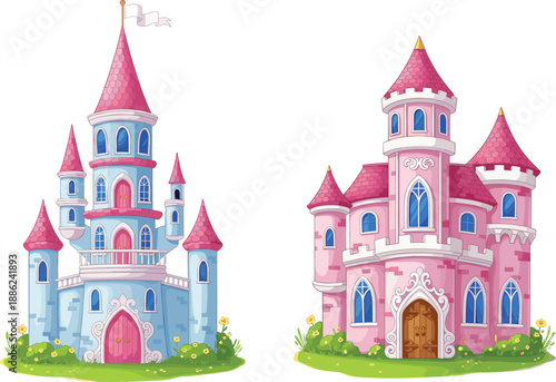Cute fairy tale castle illustration set with pink towers and whimsical royal buildings for children storybook vector design