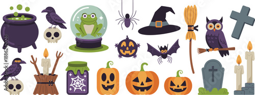 Halloween, spooky, objects, collection, with, pumpkins, skulls, witch, hat, owl, raven, candles, cauldron, broom, fantasy, horror, decorations, isolated, white, background