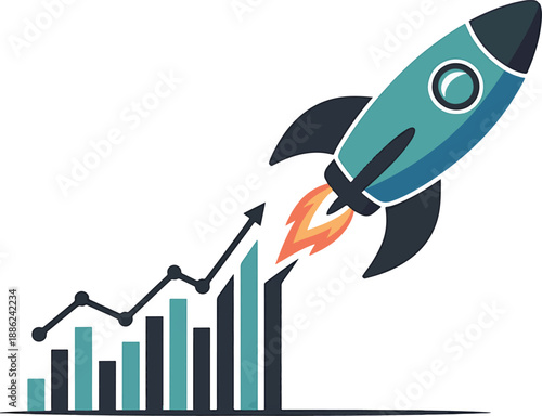 Rocket Launching Upwards with Increasing Graph Bars in the Background Showing Growth and Progress