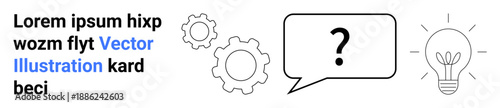 Idea generation, problem solving, brainstorming, innovation, creative thinking, technology concepts. Speech bubble with question mark, gears and light bulb. Problem solving and brainstorming