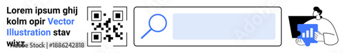 Digital security, data analysis, user interface design, information retrieval, QR code scanning, business research. Features a QR code, search bar, and graphic of a professional analyzing data