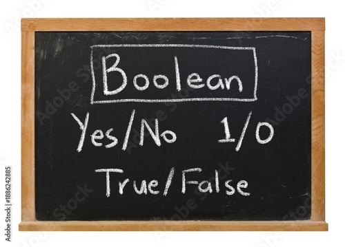 Boolean yes no one zero true false concept handwritten in white chalk on a black chalkboard in a wooden frame isolated on white