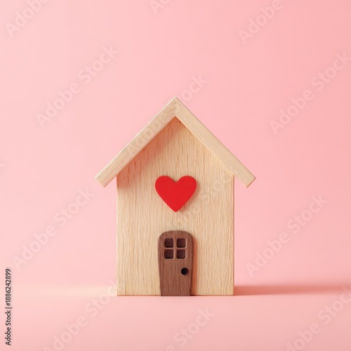 Wooden house with a heart on a pink background