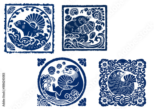 Set of traditional Asian indigo blue woodcut stamp style vector illustrations of sea otters with shells (Summer marine seal concept) (조개와 함께 있는 해달의 전통 아시아 쪽빛 목판화 도장 스타일 벡터 일러스트 세트 - 여름 해양 인장 컨셉)