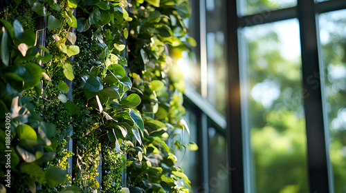 Lush green plants adorn office interior, creating refreshing atmosphere with natural light streaming through large windows